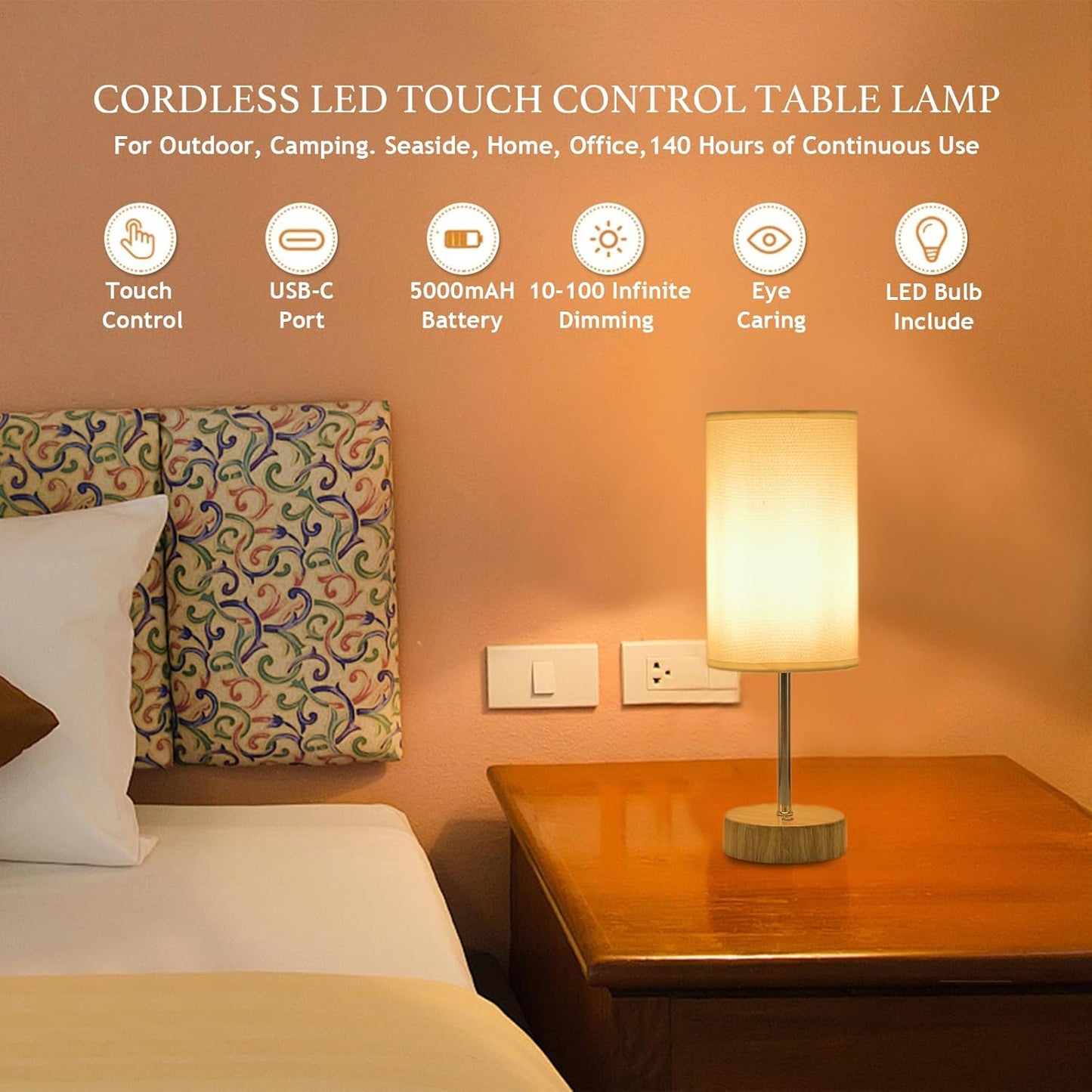 Cordless Table Lamp 5000mAh Rechargeable | Battery Operated Lamps with Brightness Memory, Stepless Dimmable, Portable Touch Control Bedside Lamp for Home/Bedroom/Indoor-Outdoor (Wood) [Energy Class A]