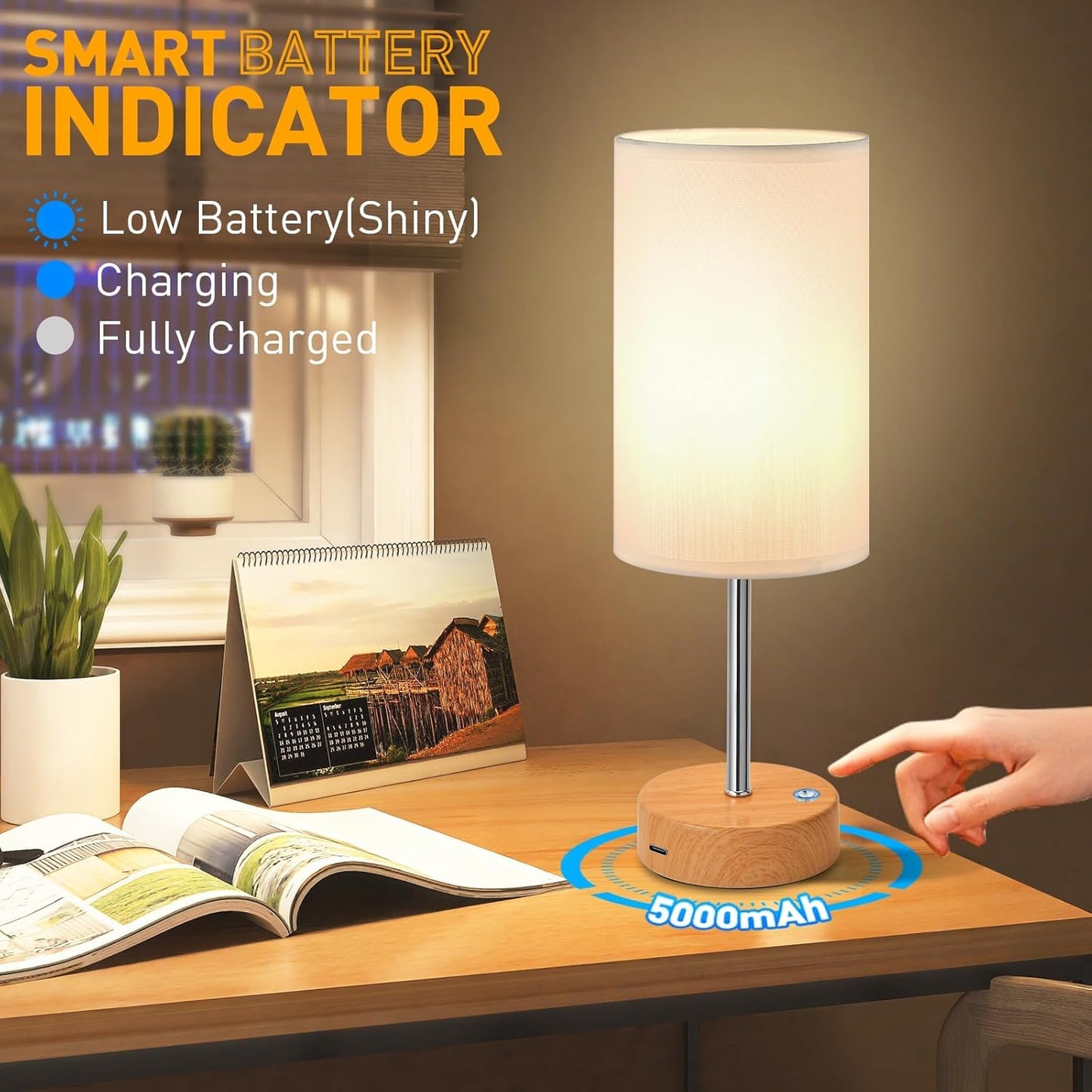 Cordless Table Lamp 5000mAh Rechargeable | Battery Operated Lamps with Brightness Memory, Stepless Dimmable, Portable Touch Control Bedside Lamp for Home/Bedroom/Indoor-Outdoor (Wood) [Energy Class A]