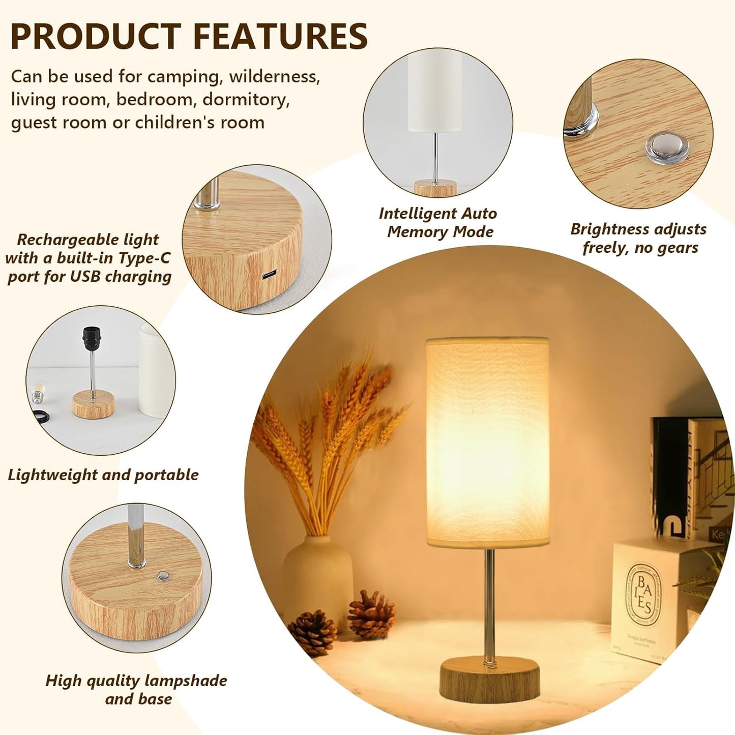 Cordless Table Lamp 5000mAh Rechargeable | Battery Operated Lamps with Brightness Memory, Stepless Dimmable, Portable Touch Control Bedside Lamp for Home/Bedroom/Indoor-Outdoor (Wood) [Energy Class A]