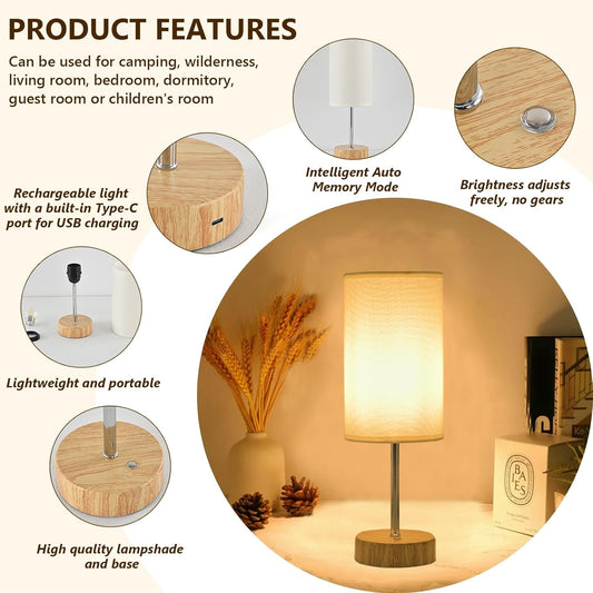 Cordless Table Lamp 5000mAh Rechargeable | Battery Operated Lamps with Brightness Memory, Stepless Dimmable, Portable Touch Control Bedside Lamp for Home/Bedroom/Indoor-Outdoor (Wood) [Energy Class A]