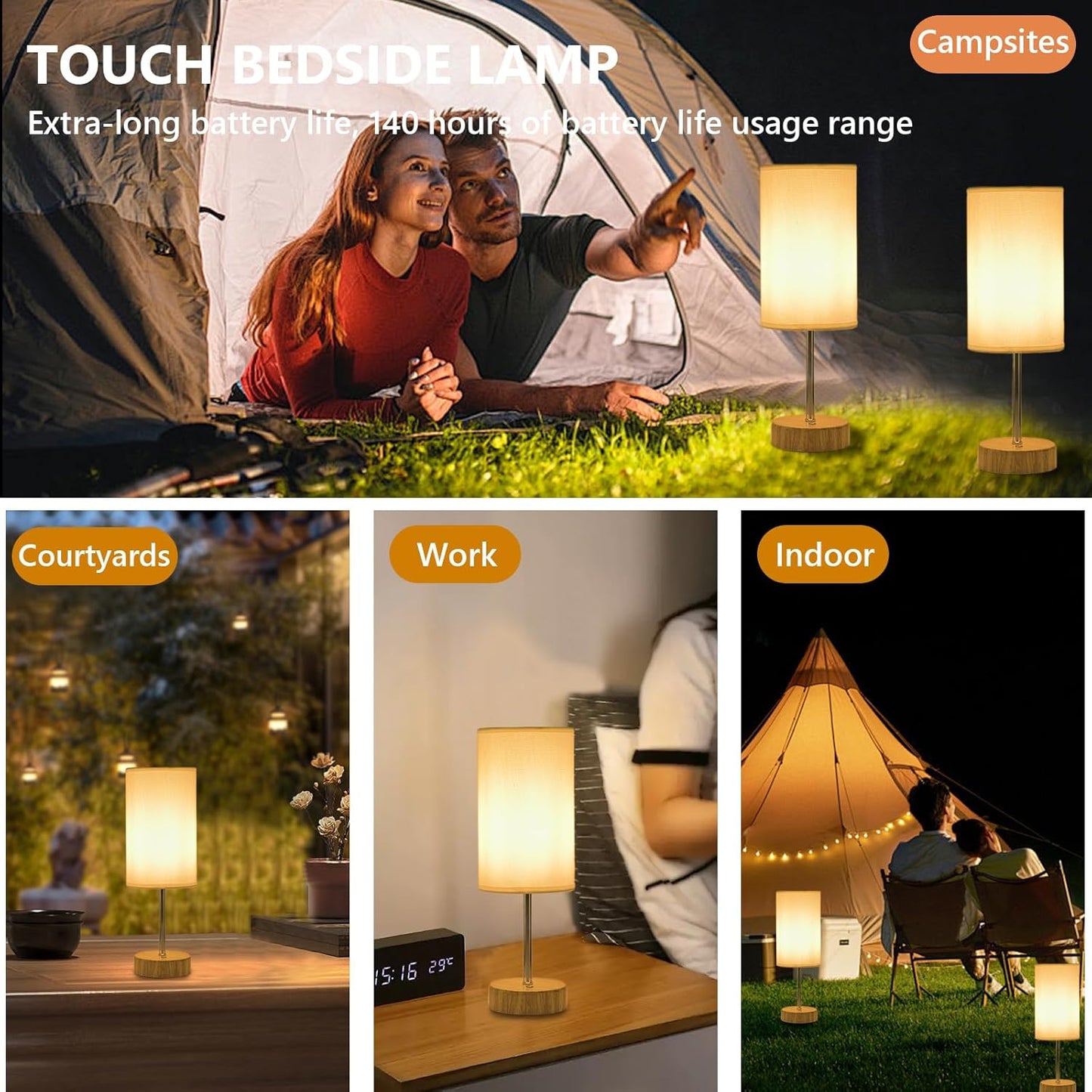 Cordless Table Lamp 5000mAh Rechargeable | Battery Operated Lamps with Brightness Memory, Stepless Dimmable, Portable Touch Control Bedside Lamp for Home/Bedroom/Indoor-Outdoor (Wood) [Energy Class A]