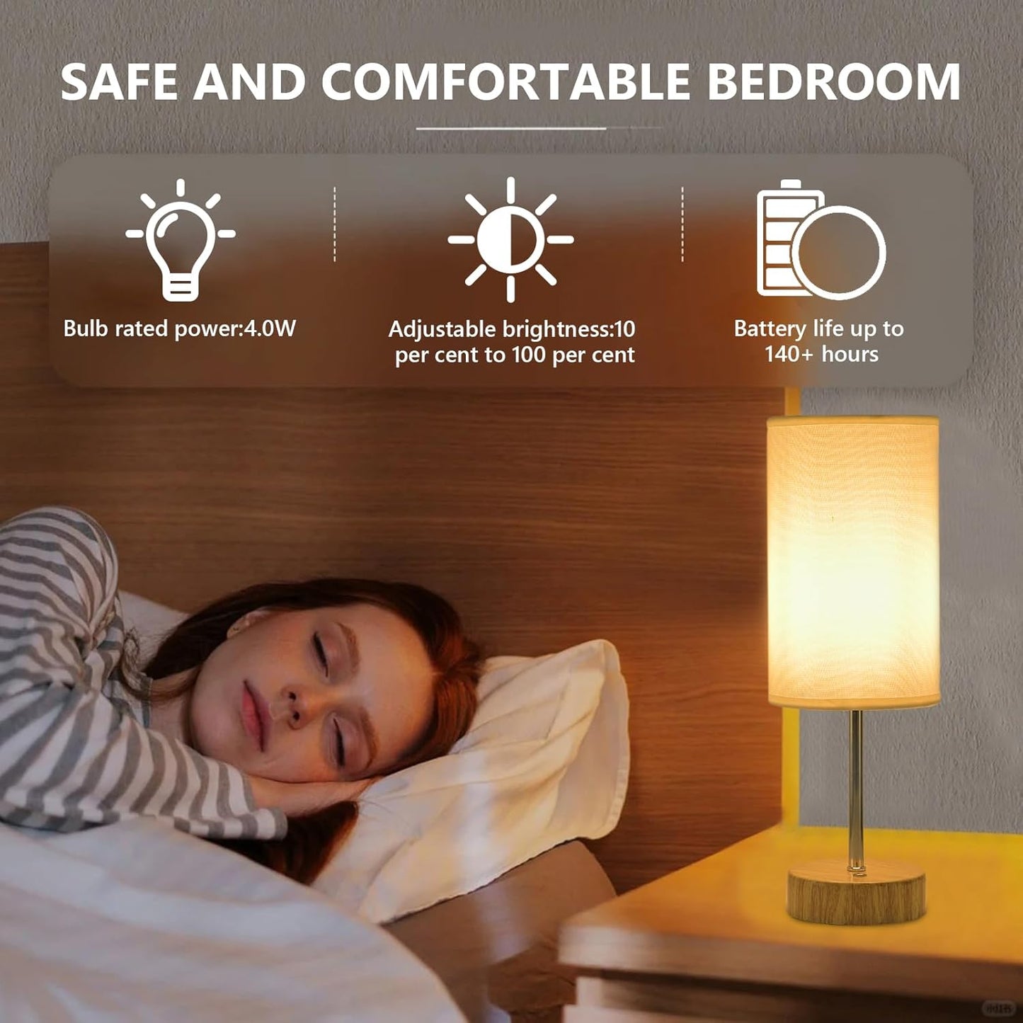 Cordless Table Lamp 5000mAh Rechargeable | Battery Operated Lamps with Brightness Memory, Stepless Dimmable, Portable Touch Control Bedside Lamp for Home/Bedroom/Indoor-Outdoor (Wood) [Energy Class A]