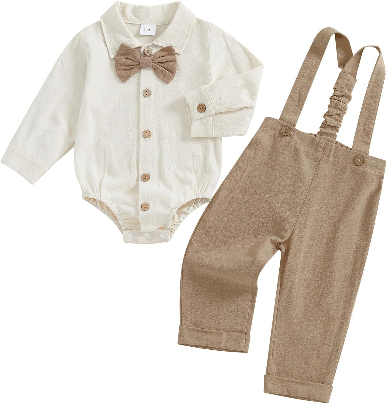 Baby Boy Gentleman Outfit Long Sleeve Lapel Neck Romper with Suspender Pants and Bow Tie Coming Home Pant Set