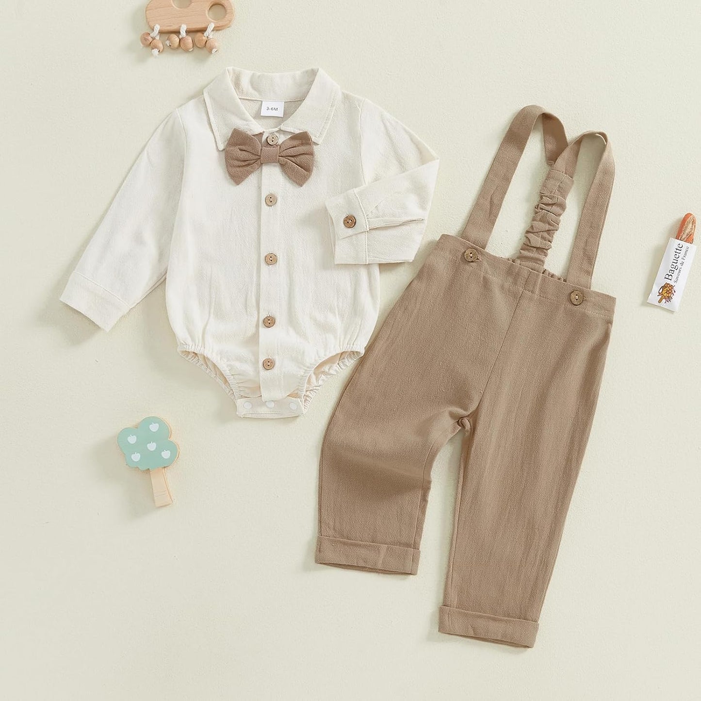 Baby Boy Gentleman Outfit Long Sleeve Lapel Neck Romper with Suspender Pants and Bow Tie Coming Home Pant Set