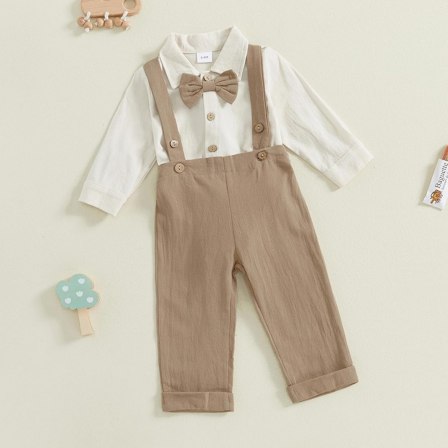 Baby Boy Gentleman Outfit Long Sleeve Lapel Neck Romper with Suspender Pants and Bow Tie Coming Home Pant Set