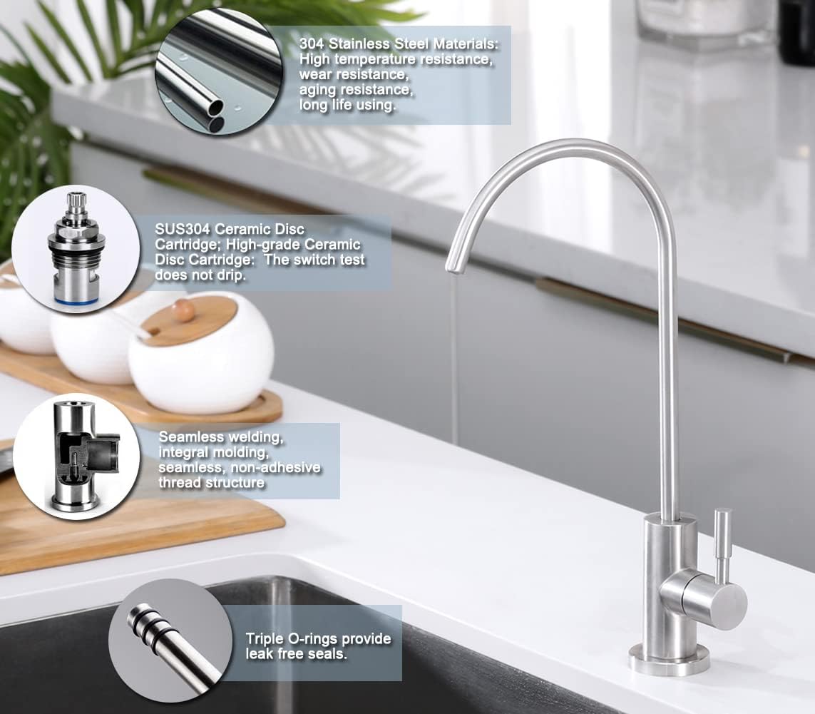 100% Lead-Free Kitchen Drinking Water Tap, Fits Most Reverse Osmosis and Water Filtration System for Kitchen Bar Sink in Non-Air Gap, SUS304 Stainless Steel Brushed Nickel Finish