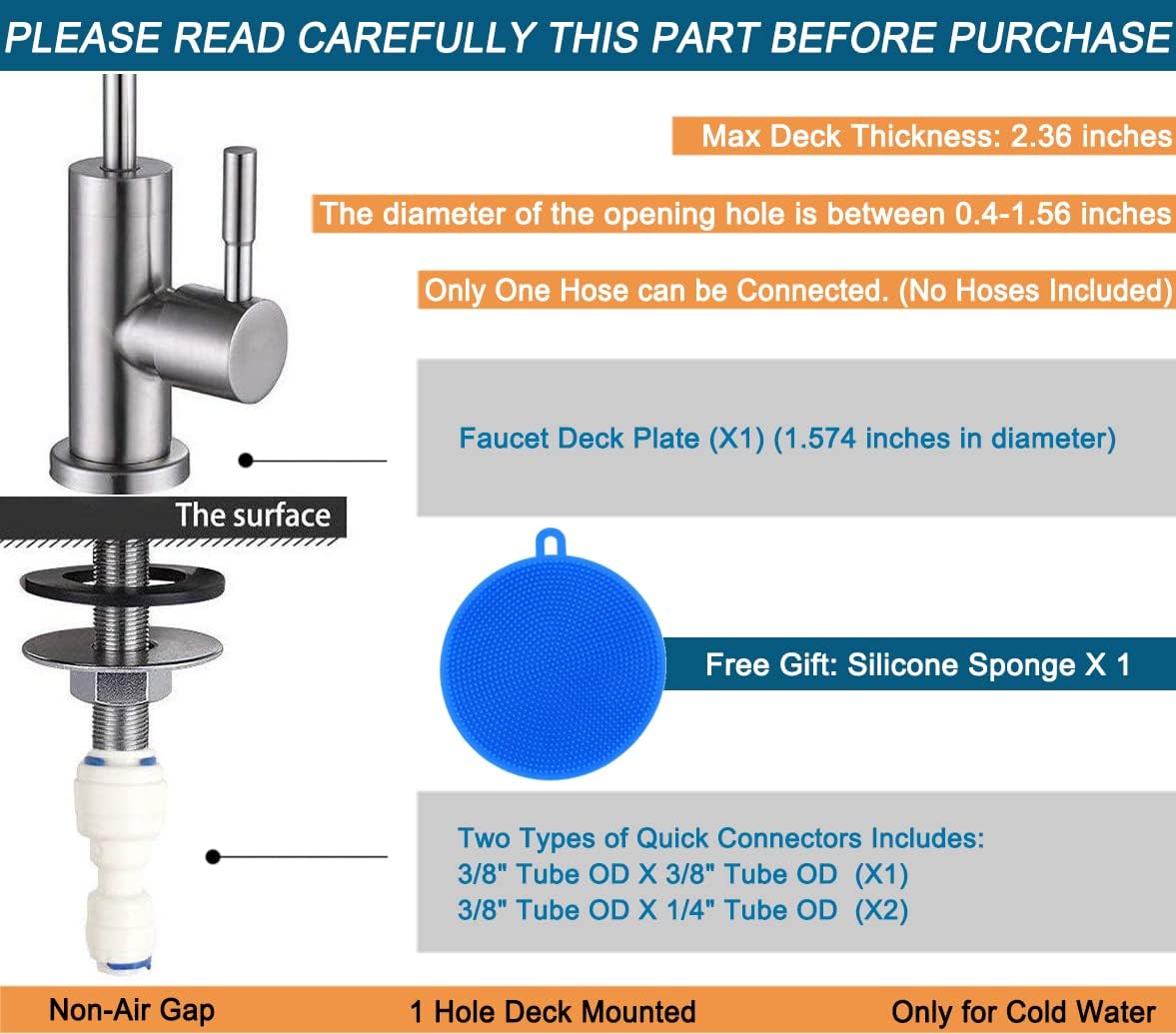 100% Lead-Free Kitchen Drinking Water Tap, Fits Most Reverse Osmosis and Water Filtration System for Kitchen Bar Sink in Non-Air Gap, SUS304 Stainless Steel Brushed Nickel Finish
