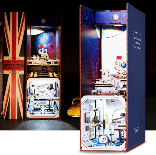 3D Miniature Dollhouse Bookends, DIY 3D Puzzle Book Nook with LED Sensor Light Bookshelf Decor for Kids and Adults (The Space Astronaut)