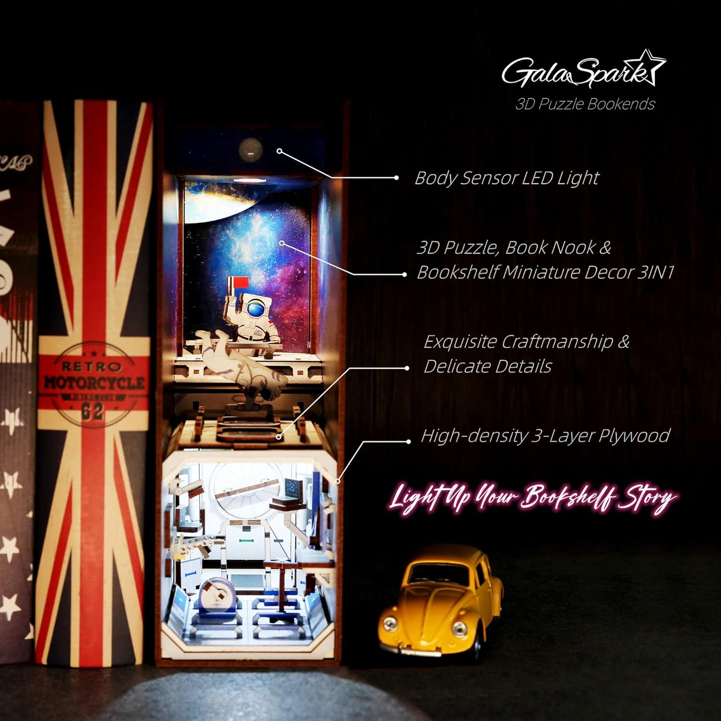 3D Miniature Dollhouse Bookends, DIY 3D Puzzle Book Nook with LED Sensor Light Bookshelf Decor for Kids and Adults (The Space Astronaut)