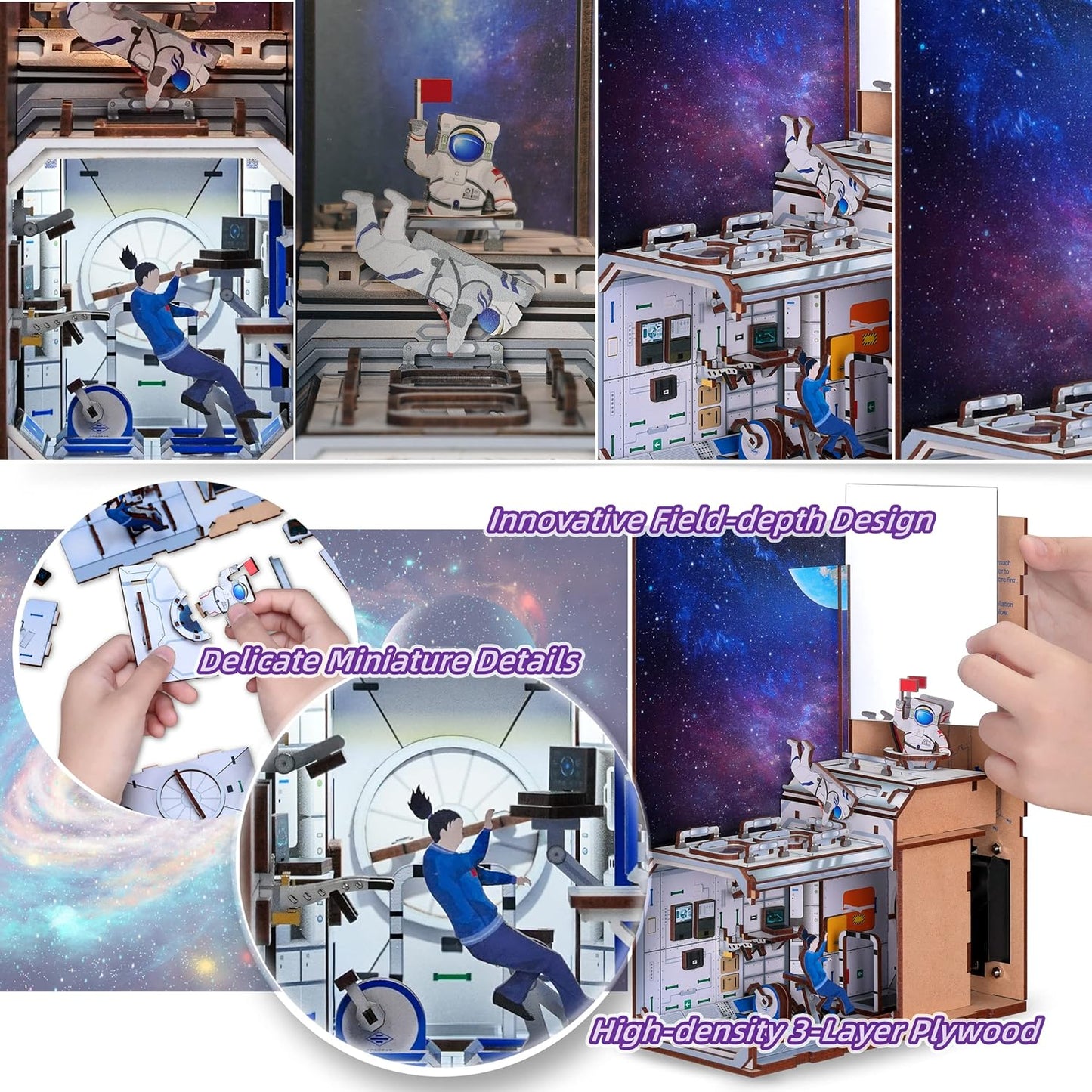 3D Miniature Dollhouse Bookends, DIY 3D Puzzle Book Nook with LED Sensor Light Bookshelf Decor for Kids and Adults (The Space Astronaut)