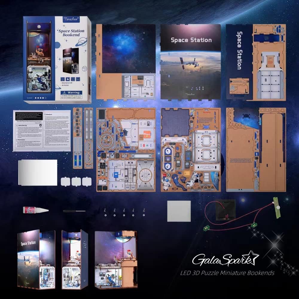 3D Miniature Dollhouse Bookends, DIY 3D Puzzle Book Nook with LED Sensor Light Bookshelf Decor for Kids and Adults (The Space Astronaut)