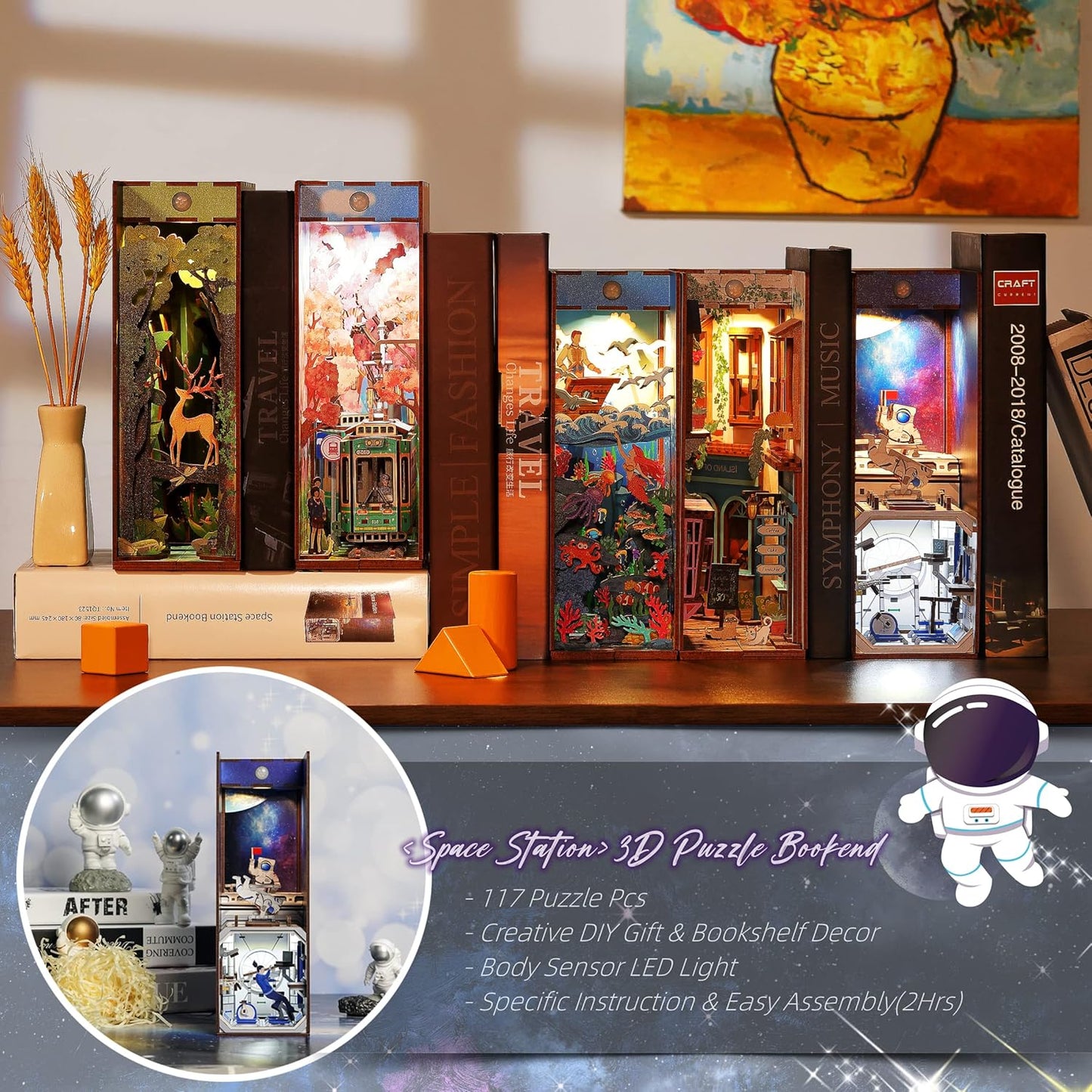 3D Miniature Dollhouse Bookends, DIY 3D Puzzle Book Nook with LED Sensor Light Bookshelf Decor for Kids and Adults (The Space Astronaut)