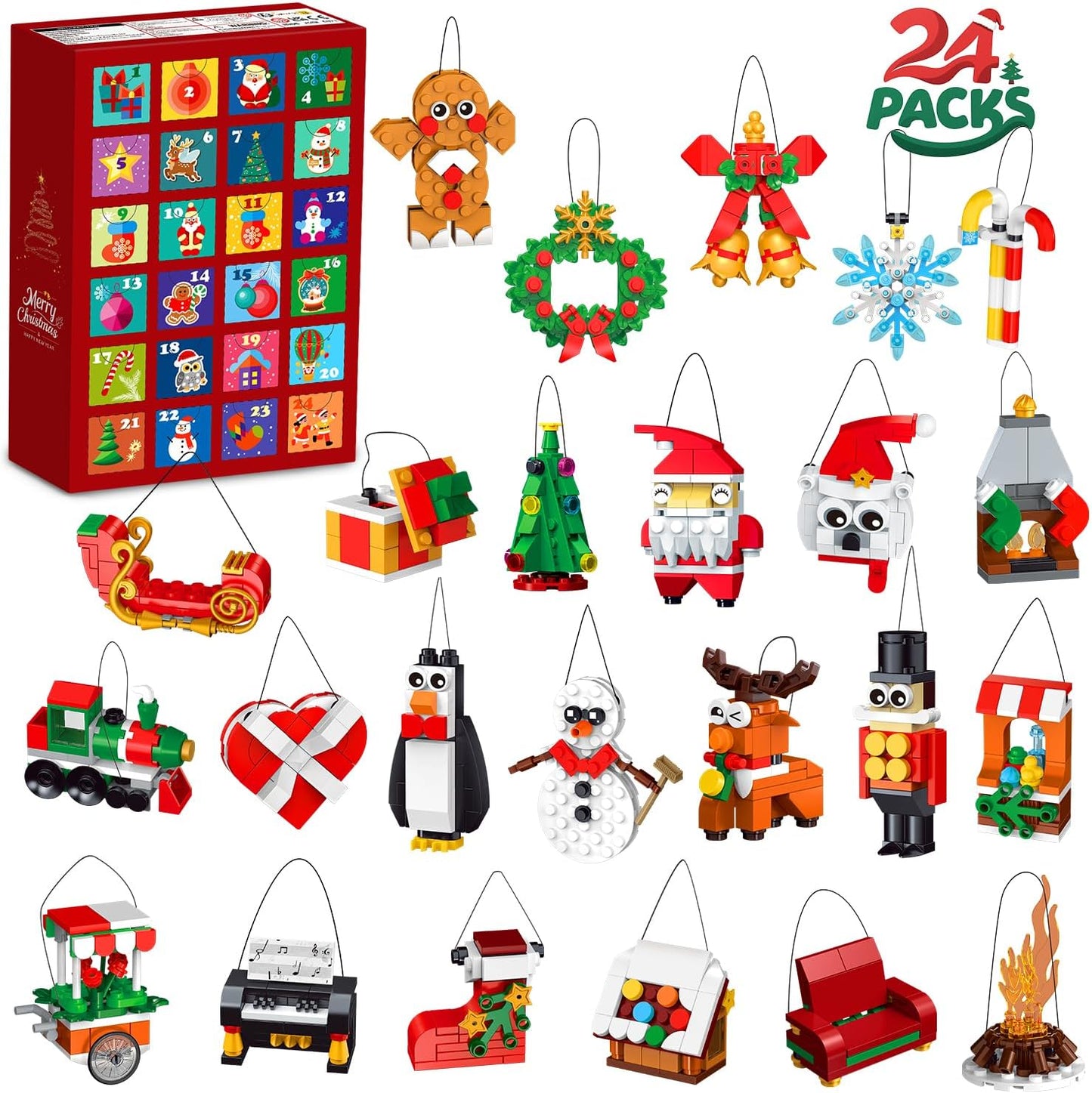 Advent Calendar Christmas Ornaments Building Set, 24 Days Countdown Hanging Christmas Tree Decor Wreath Santa Snowman Xmas Gift Stocking Stuffer Building Toys for Kids Boys Girls Ages 6+