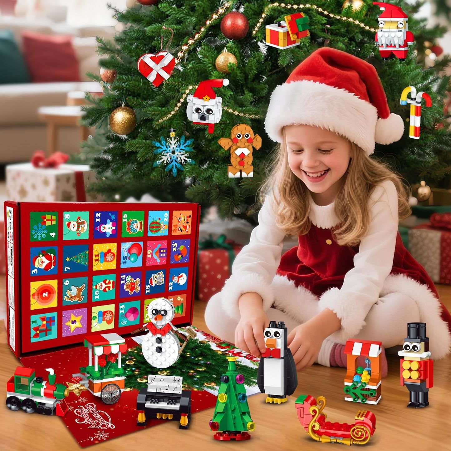 Advent Calendar Christmas Ornaments Building Set, 24 Days Countdown Hanging Christmas Tree Decor Wreath Santa Snowman Xmas Gift Stocking Stuffer Building Toys for Kids Boys Girls Ages 6+