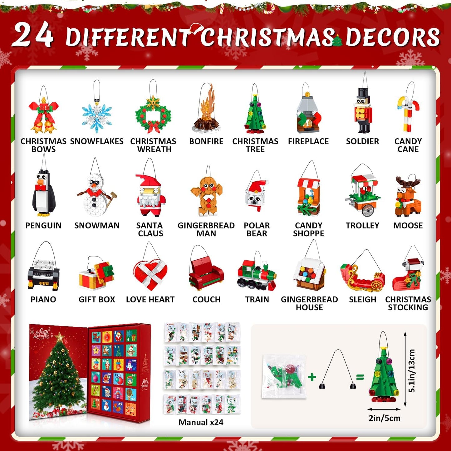 Advent Calendar Christmas Ornaments Building Set, 24 Days Countdown Hanging Christmas Tree Decor Wreath Santa Snowman Xmas Gift Stocking Stuffer Building Toys for Kids Boys Girls Ages 6+