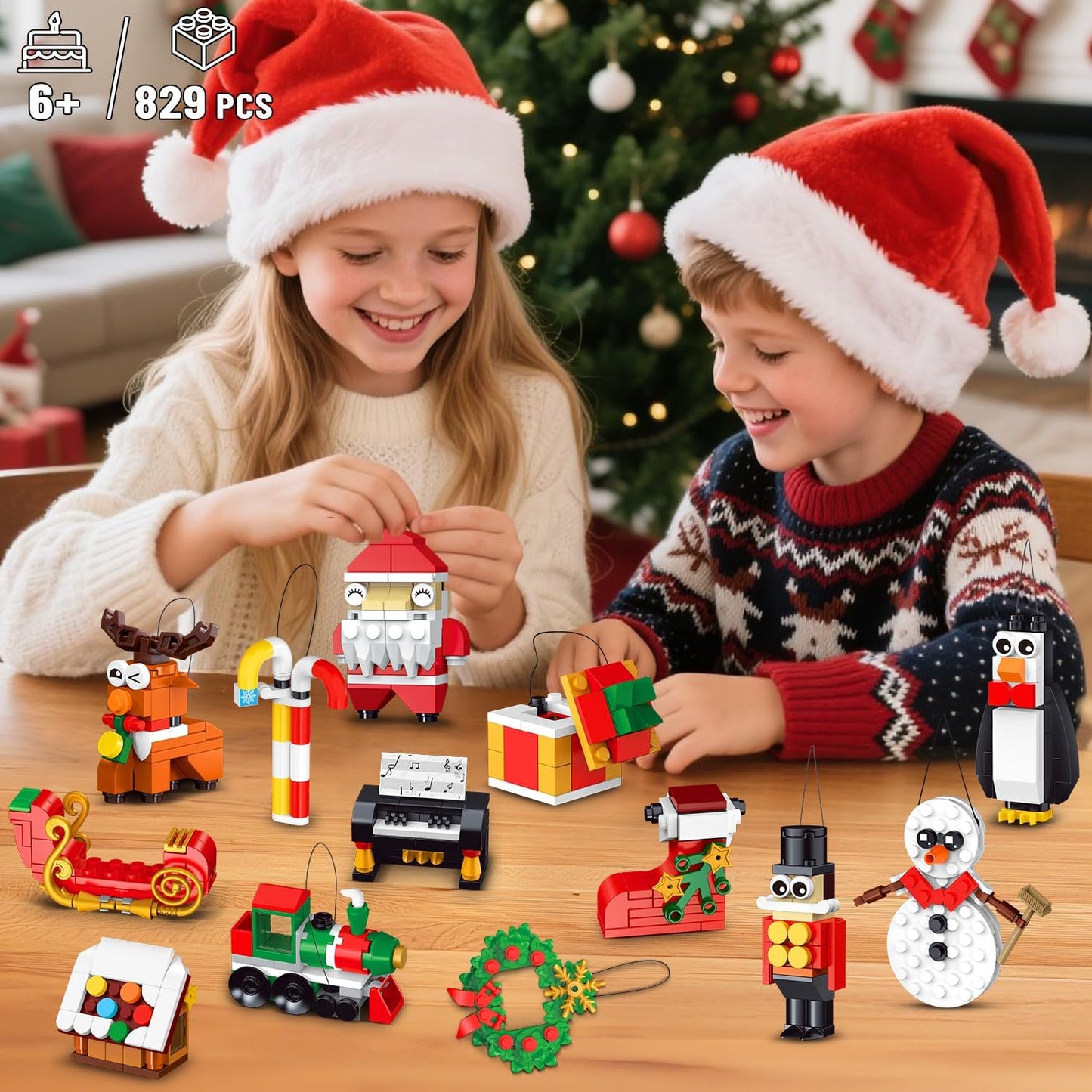 Advent Calendar Christmas Ornaments Building Set, 24 Days Countdown Hanging Christmas Tree Decor Wreath Santa Snowman Xmas Gift Stocking Stuffer Building Toys for Kids Boys Girls Ages 6+