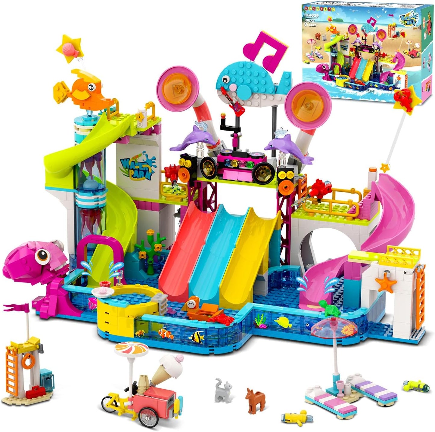 Friends Water Park Building Set, 911PCS Summer Fun Party Toy with 5 Water Slides, Creative Swimming Pool Block with Diving Platform & Bike Cart, Pretend Play Gift for Girls Boys Kid Age 8-12+