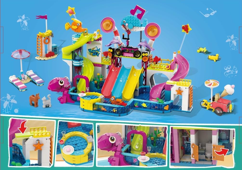 Friends Water Park Building Set, 911PCS Summer Fun Party Toy with 5 Water Slides, Creative Swimming Pool Block with Diving Platform & Bike Cart, Pretend Play Gift for Girls Boys Kid Age 8-12+