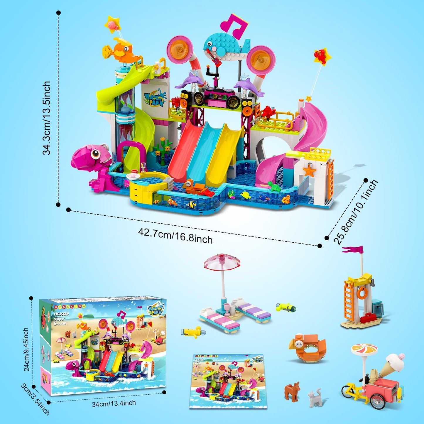 Friends Water Park Building Set, 911PCS Summer Fun Party Toy with 5 Water Slides, Creative Swimming Pool Block with Diving Platform & Bike Cart, Pretend Play Gift for Girls Boys Kid Age 8-12+