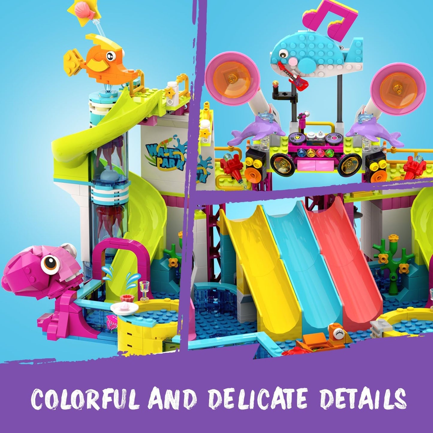 Friends Water Park Building Set, 911PCS Summer Fun Party Toy with 5 Water Slides, Creative Swimming Pool Block with Diving Platform & Bike Cart, Pretend Play Gift for Girls Boys Kid Age 8-12+
