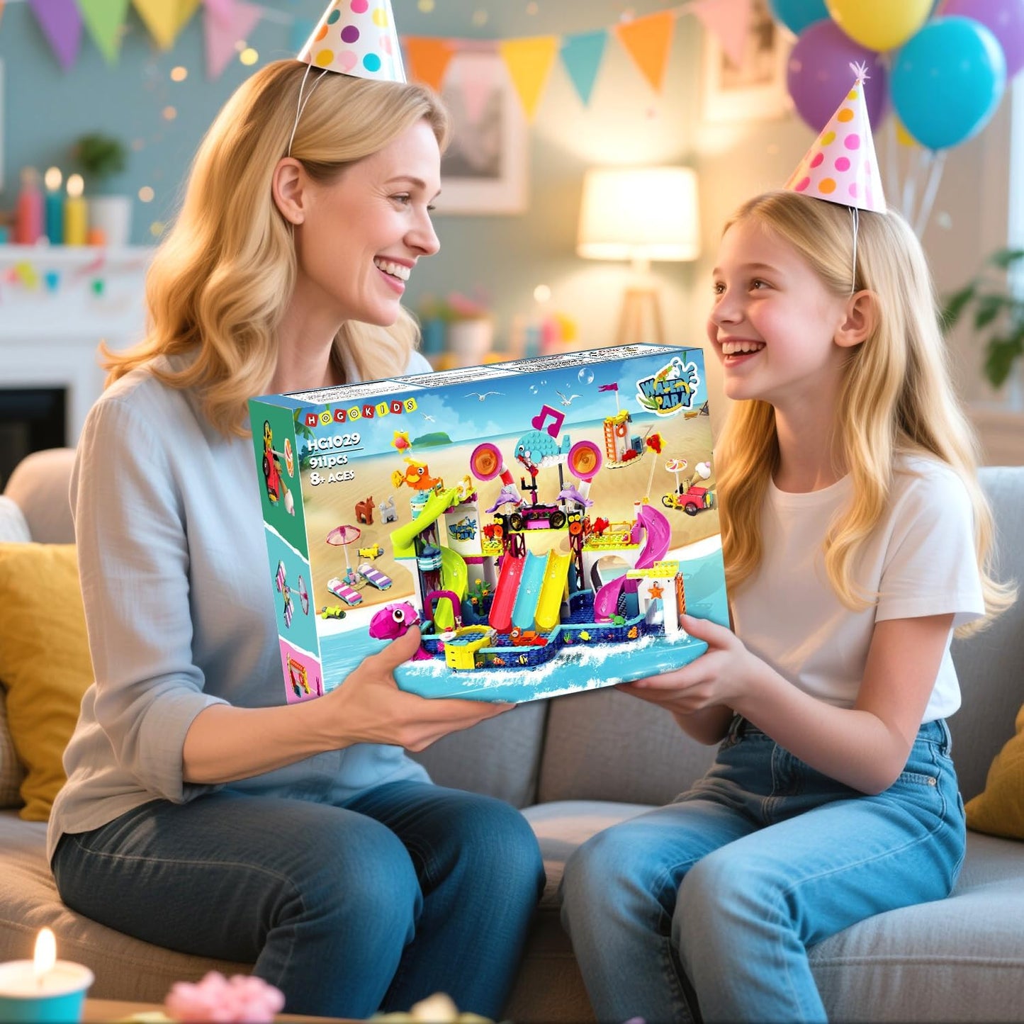 Friends Water Park Building Set, 911PCS Summer Fun Party Toy with 5 Water Slides, Creative Swimming Pool Block with Diving Platform & Bike Cart, Pretend Play Gift for Girls Boys Kid Age 8-12+