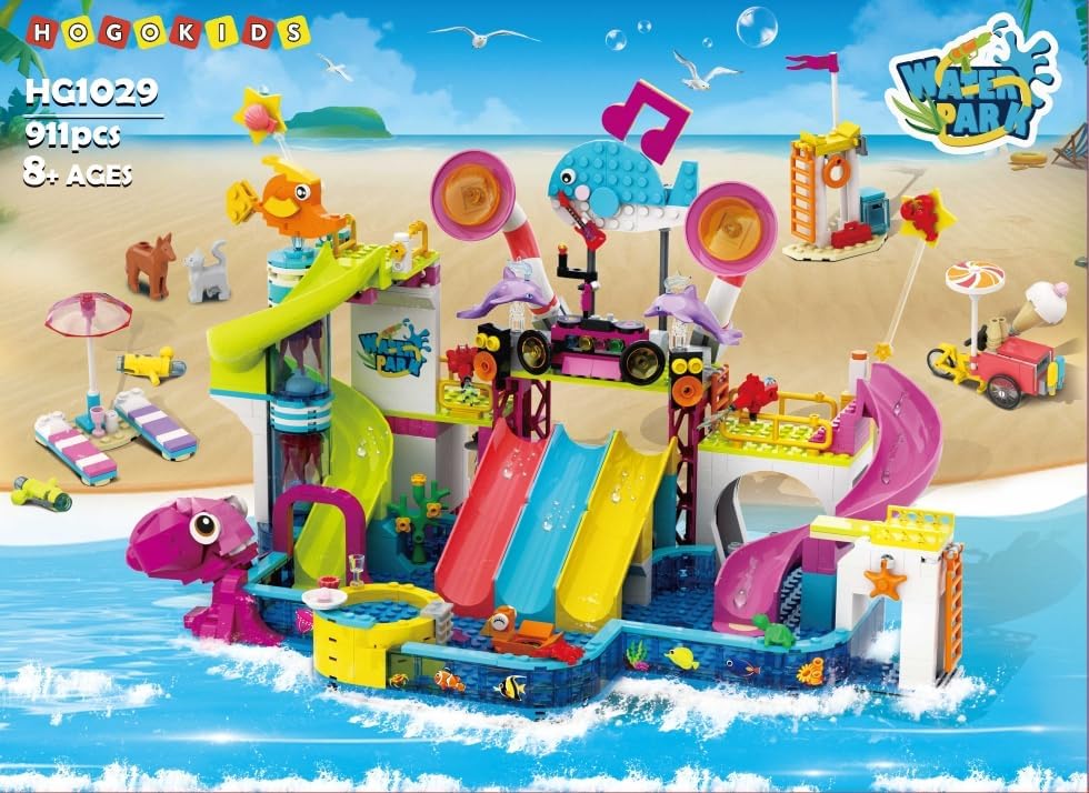 Friends Water Park Building Set, 911PCS Summer Fun Party Toy with 5 Water Slides, Creative Swimming Pool Block with Diving Platform & Bike Cart, Pretend Play Gift for Girls Boys Kid Age 8-12+