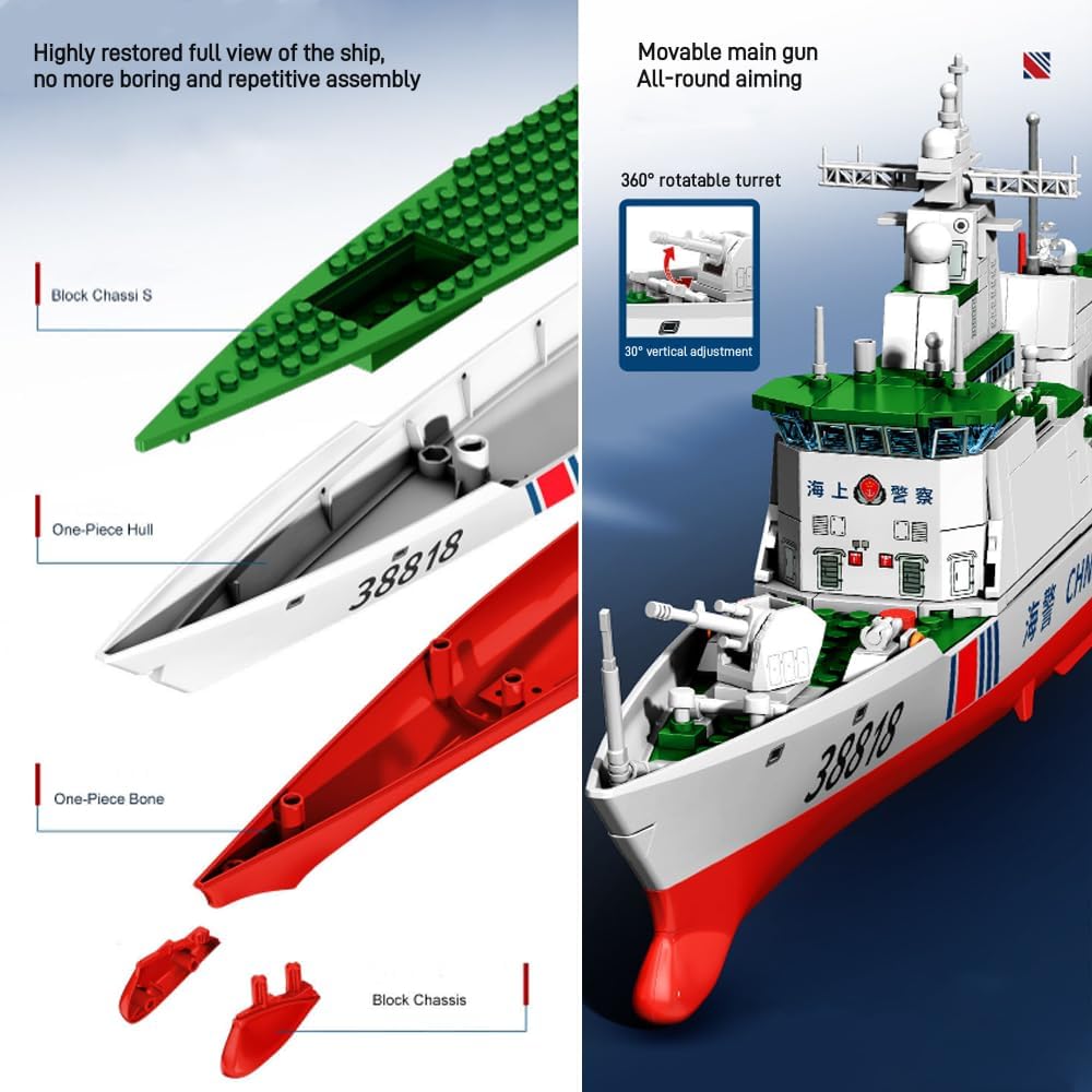 Type 818 Coast Guard Ship Building Block Set, 691 Pcs Navy Guided Missile Destroyer, Warship Building Set