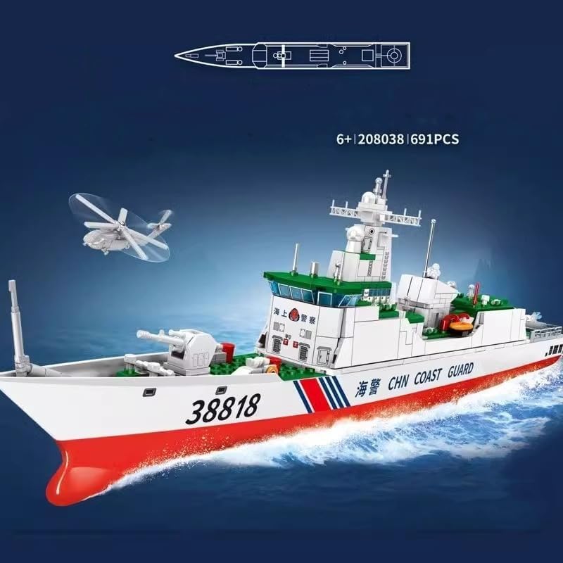 Type 818 Coast Guard Ship Building Block Set, 691 Pcs Navy Guided Missile Destroyer, Warship Building Set