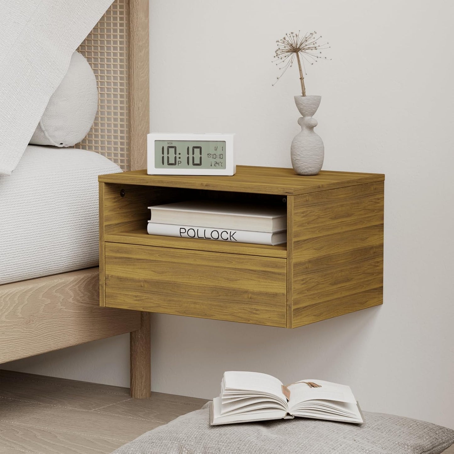 Floating Bedside Table, Wall Mounted Nightstand with Storage Drawer and Open Shelf Modern Wooden Bedside Table for Bedroom,Walnut Brown