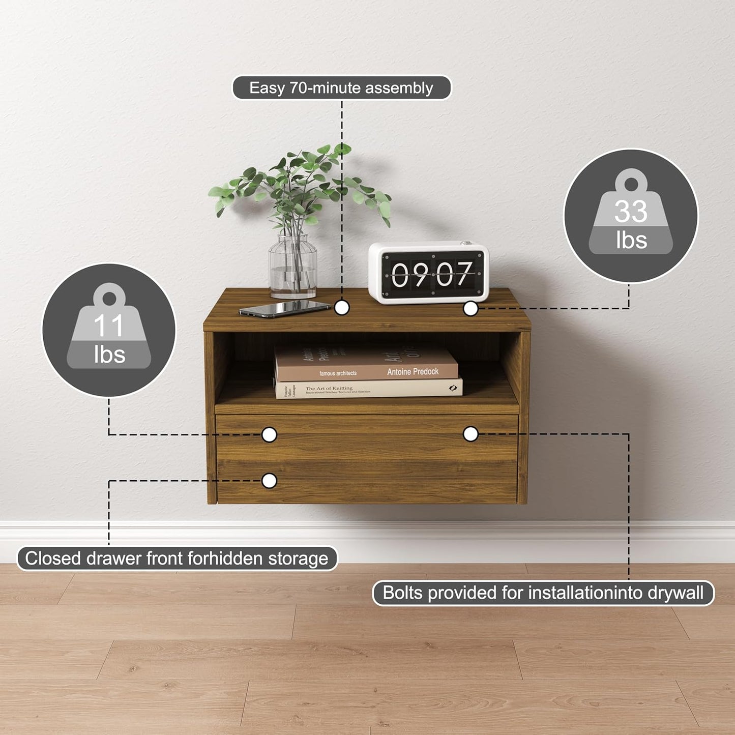 Floating Bedside Table, Wall Mounted Nightstand with Storage Drawer and Open Shelf Modern Wooden Bedside Table for Bedroom,Walnut Brown