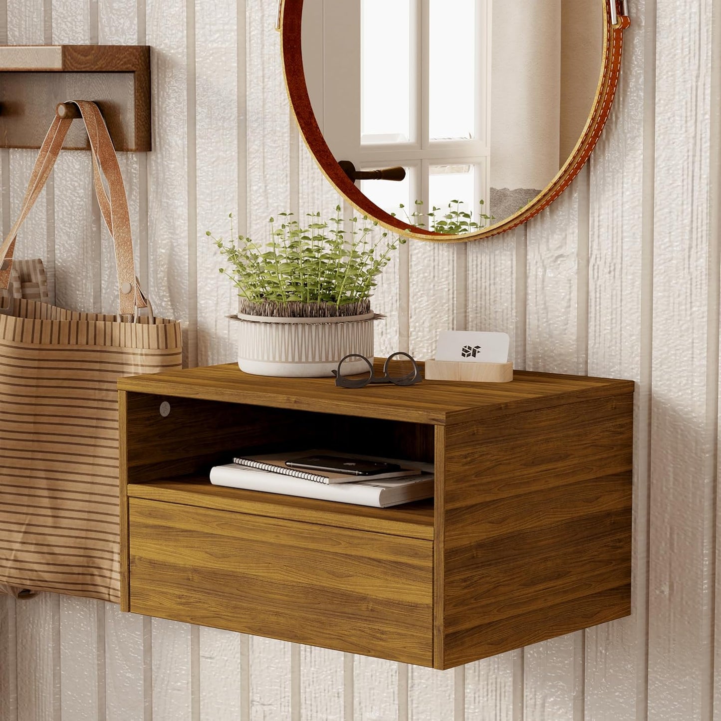 Floating Bedside Table, Wall Mounted Nightstand with Storage Drawer and Open Shelf Modern Wooden Bedside Table for Bedroom,Walnut Brown