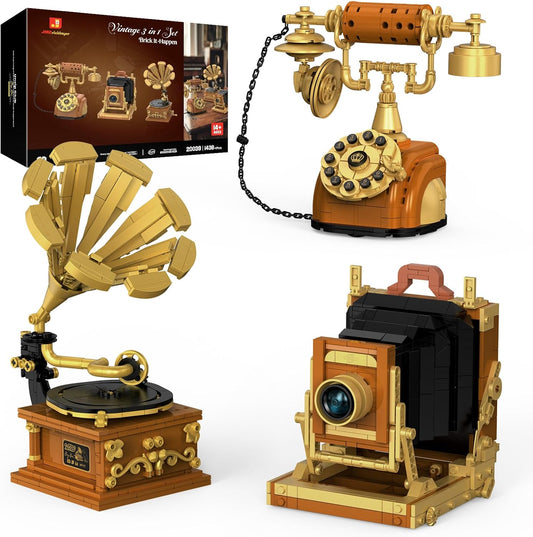 3 in 1 Retro Building Set, Camera Telephone Record Player Brick Toy Model, 20039 Vintage Home Office Display Decor, Collectible Block Gift for Adult Men Woman Kids 14+, 1438 Pieces