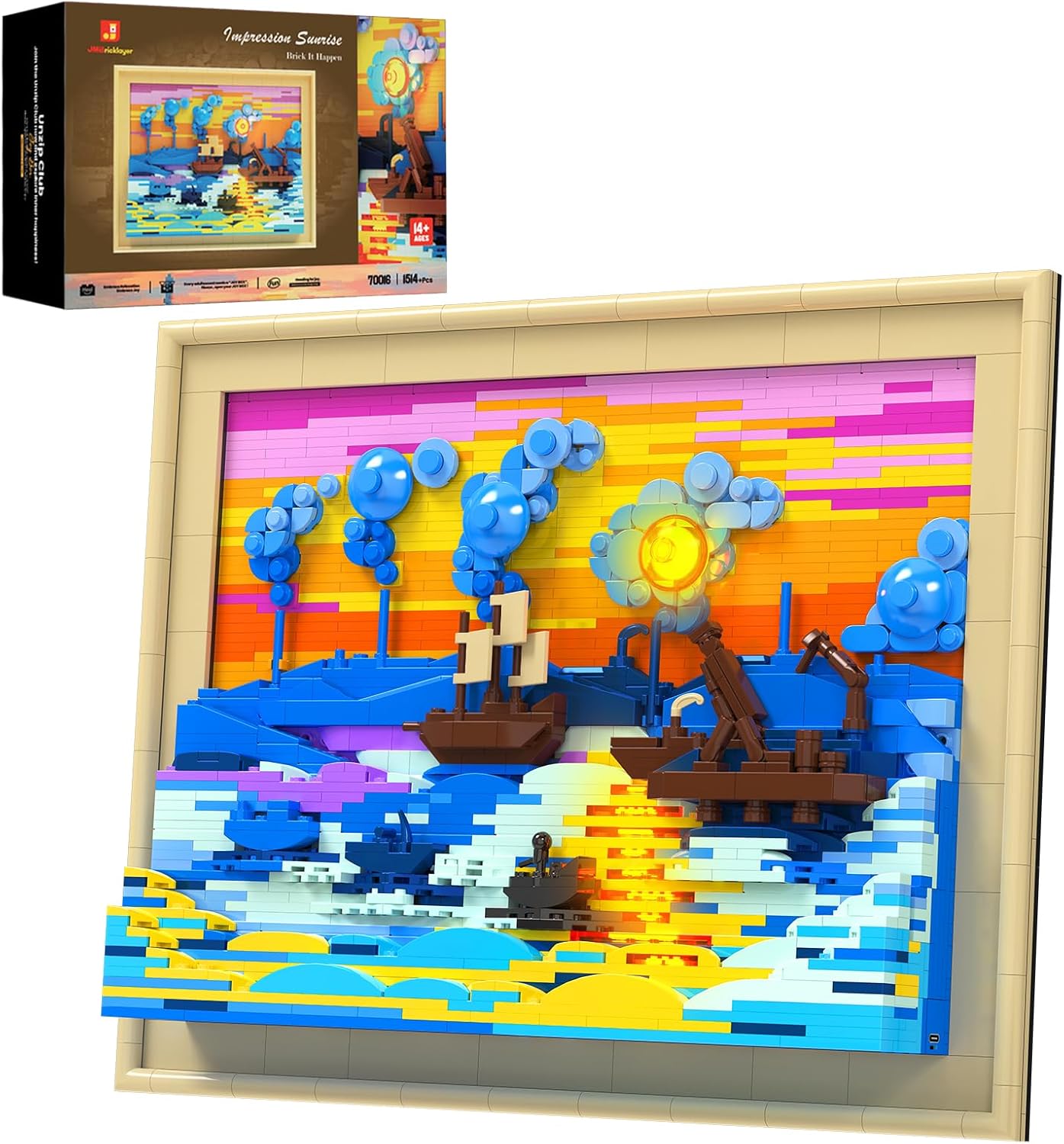 Art Monet Impression Sunrise Building Sets, 3D Painting Frame with Light, Wall Art Craft Kit Table Display for Home Office Decor, Creative Gifts for Adults Boys Girls (1514 Pcs)