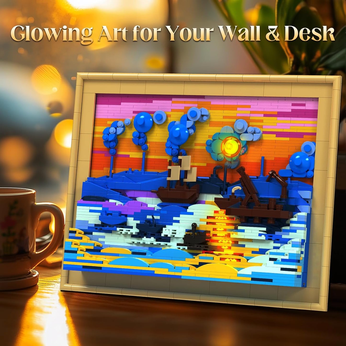 Art Monet Impression Sunrise Building Sets, 3D Painting Frame with Light, Wall Art Craft Kit Table Display for Home Office Decor, Creative Gifts for Adults Boys Girls (1514 Pcs)