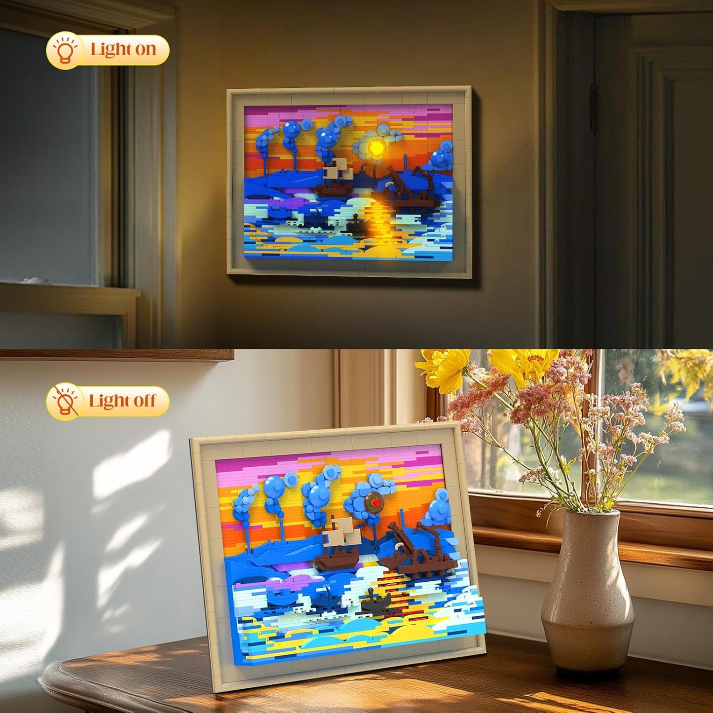 Art Monet Impression Sunrise Building Sets, 3D Painting Frame with Light, Wall Art Craft Kit Table Display for Home Office Decor, Creative Gifts for Adults Boys Girls (1514 Pcs)