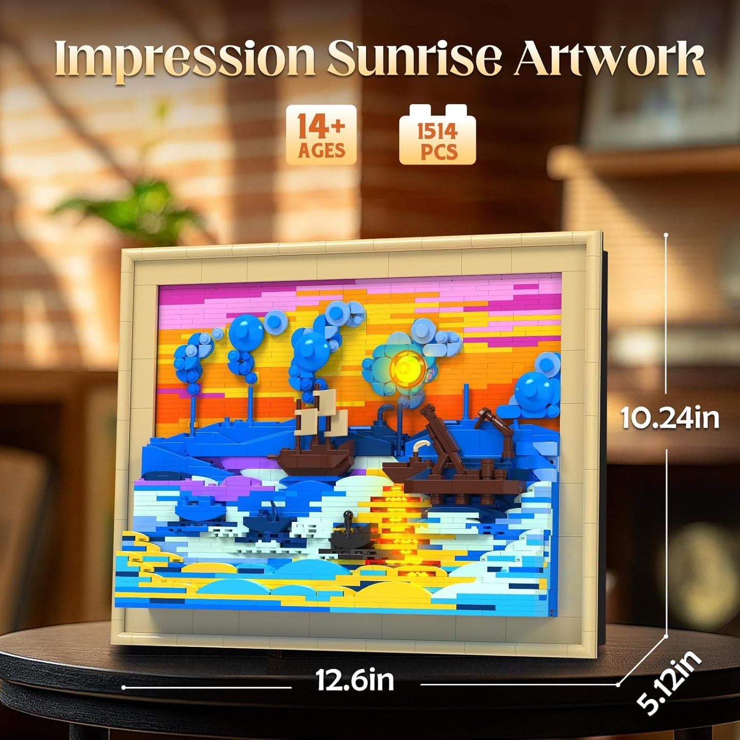 Art Monet Impression Sunrise Building Sets, 3D Painting Frame with Light, Wall Art Craft Kit Table Display for Home Office Decor, Creative Gifts for Adults Boys Girls (1514 Pcs)