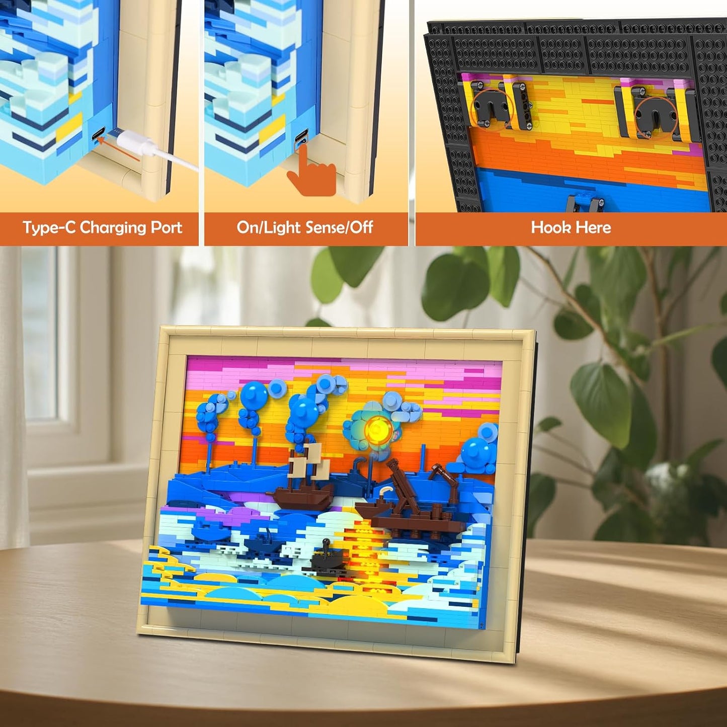 Art Monet Impression Sunrise Building Sets, 3D Painting Frame with Light, Wall Art Craft Kit Table Display for Home Office Decor, Creative Gifts for Adults Boys Girls (1514 Pcs)