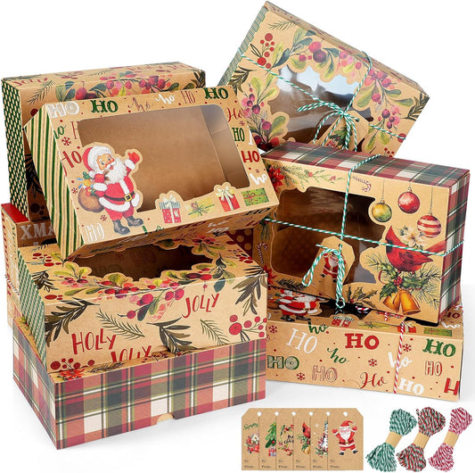 24 Pcs Christmas Cookie Boxes Set, 6 Designs Kraft Cardboard Bakery Treat Boxes with Clear Window, Recyclable Gift Box for Cookies, Cake, Donuts, Holiday