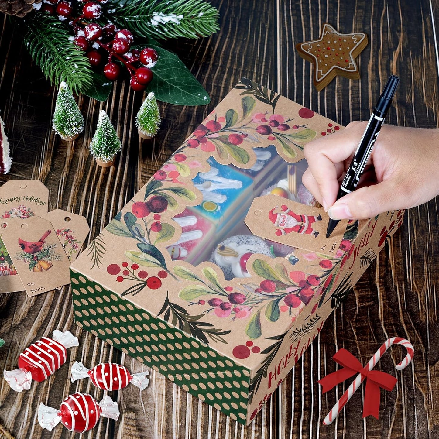 24 Pcs Christmas Cookie Boxes Set, 6 Designs Kraft Cardboard Bakery Treat Boxes with Clear Window, Recyclable Gift Box for Cookies, Cake, Donuts, Holiday