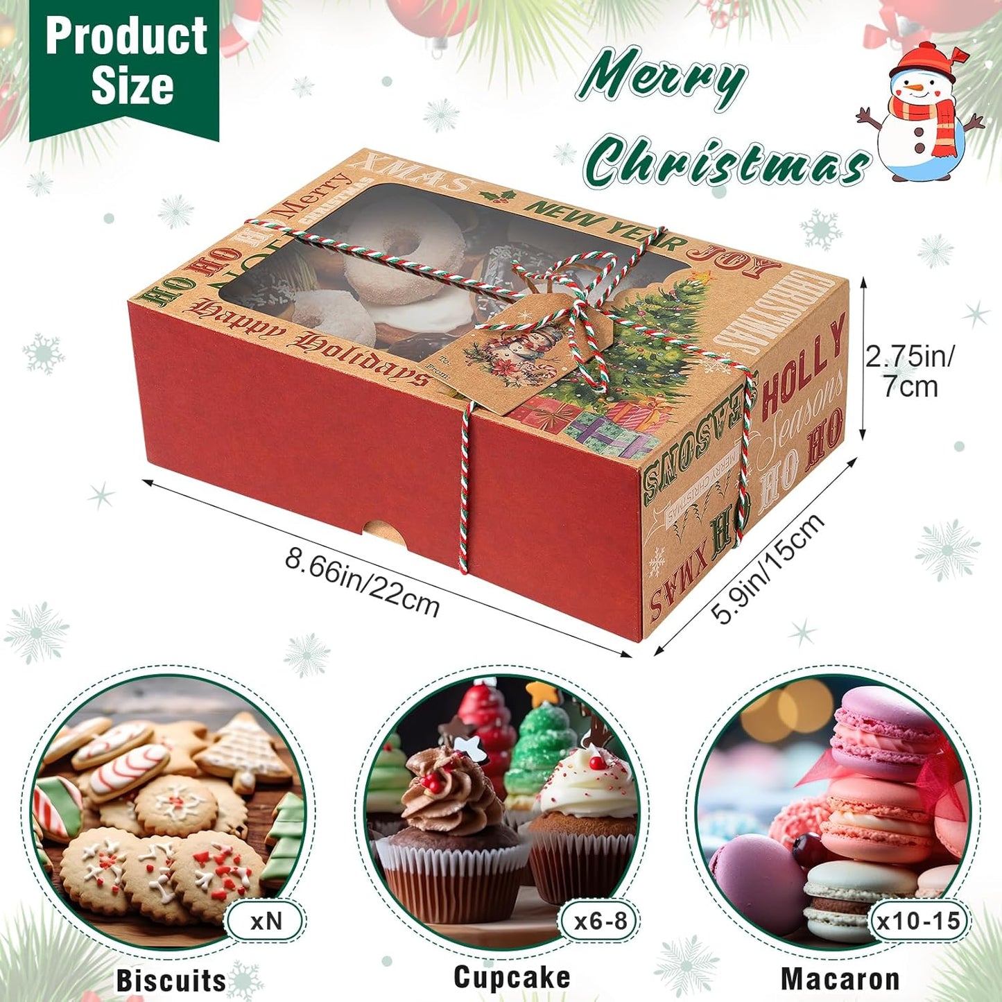 24 Pcs Christmas Cookie Boxes Set, 6 Designs Kraft Cardboard Bakery Treat Boxes with Clear Window, Recyclable Gift Box for Cookies, Cake, Donuts, Holiday