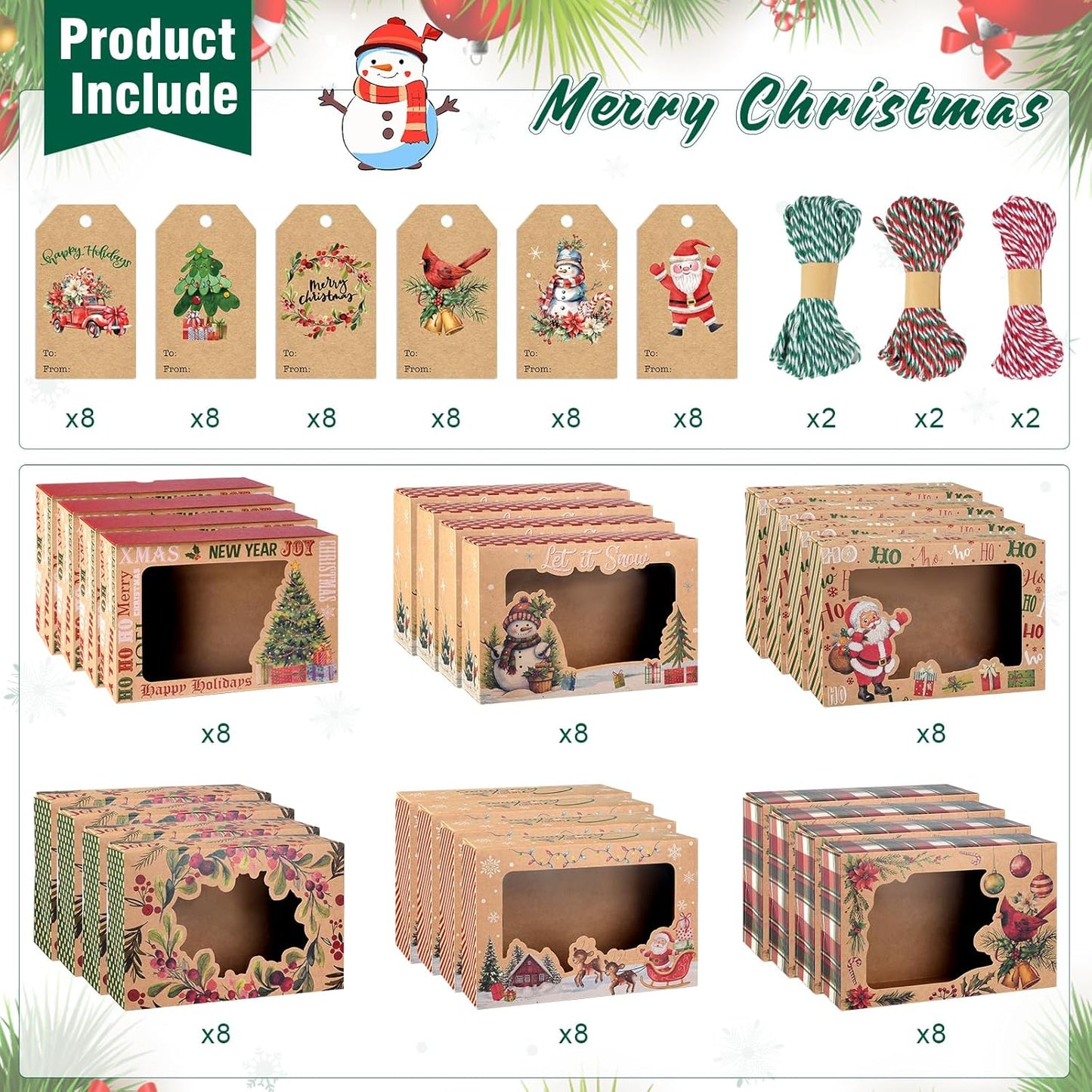 24 Pcs Christmas Cookie Boxes Set, 6 Designs Kraft Cardboard Bakery Treat Boxes with Clear Window, Recyclable Gift Box for Cookies, Cake, Donuts, Holiday