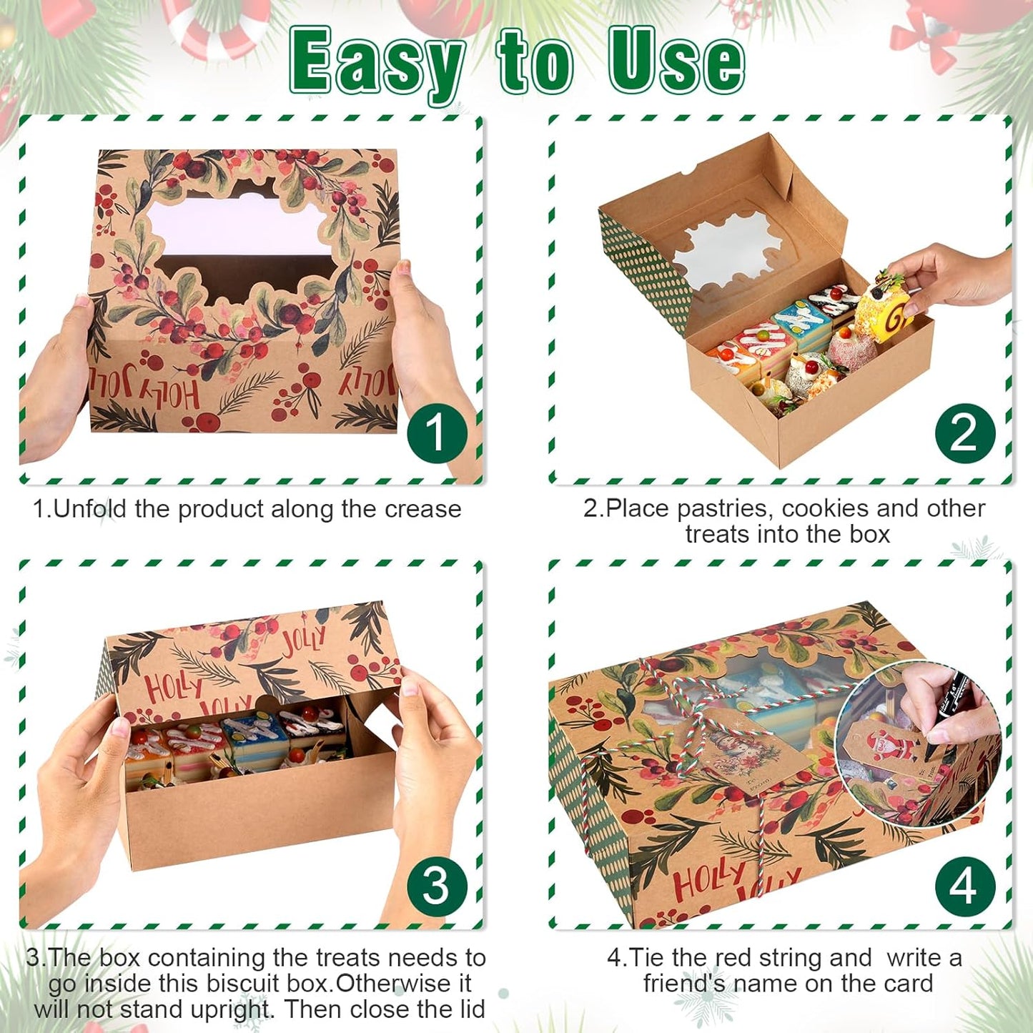 24 Pcs Christmas Cookie Boxes Set, 6 Designs Kraft Cardboard Bakery Treat Boxes with Clear Window, Recyclable Gift Box for Cookies, Cake, Donuts, Holiday