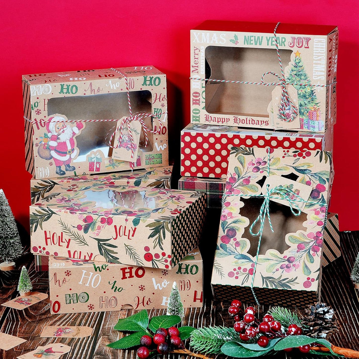24 Pcs Christmas Cookie Boxes Set, 6 Designs Kraft Cardboard Bakery Treat Boxes with Clear Window, Recyclable Gift Box for Cookies, Cake, Donuts, Holiday
