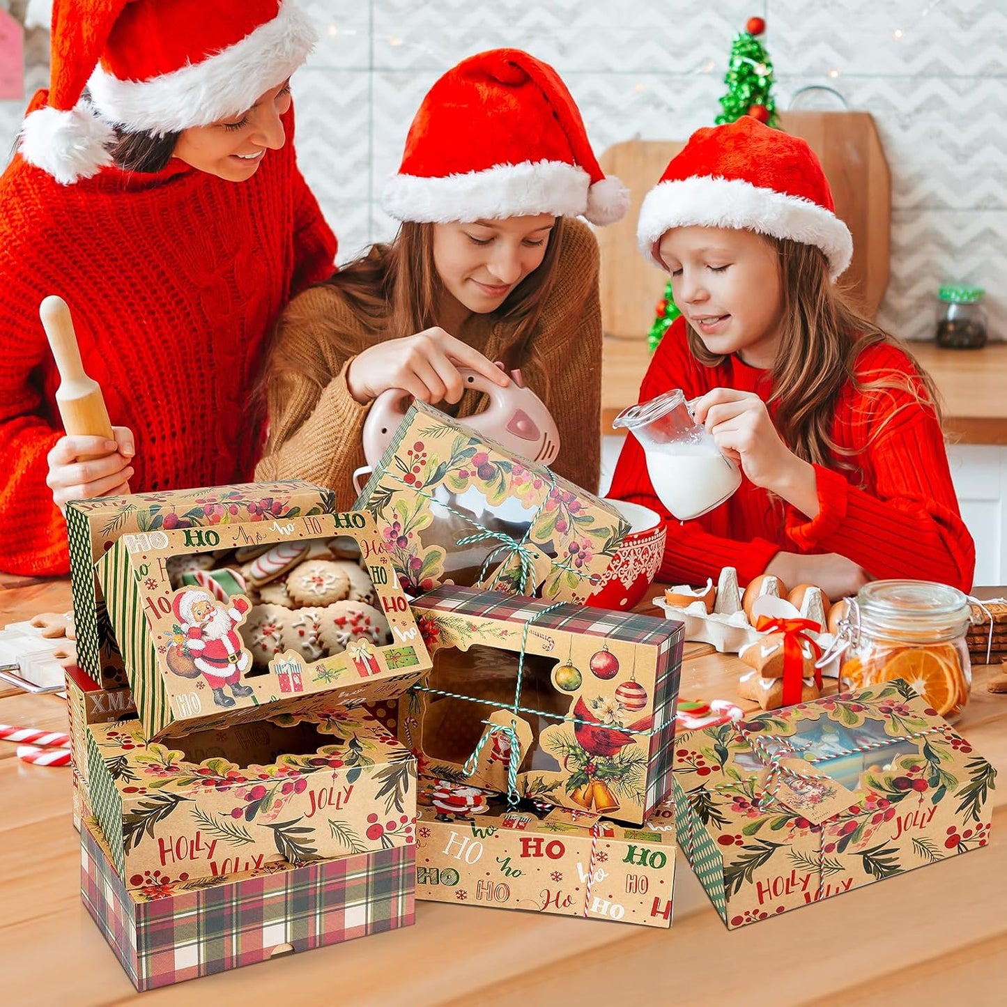 24 Pcs Christmas Cookie Boxes Set, 6 Designs Kraft Cardboard Bakery Treat Boxes with Clear Window, Recyclable Gift Box for Cookies, Cake, Donuts, Holiday