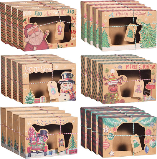 24 Pcs Christmas Cookie Boxes with Window, Christmas Cake Boxes with Xmas Twine String and Tags, Sweet Cupcake Gift Box for Xmas Party Holiday Supplies, 8.7 x 5.9 x 2.75 inches