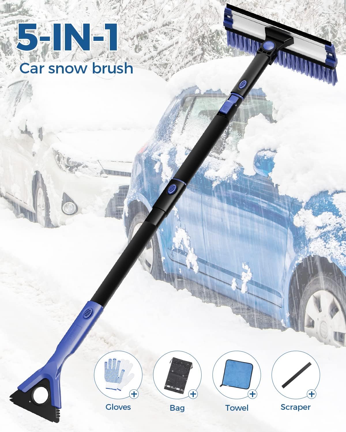 47″ Car Snow Brush Extendable Foam Snow Brush with Squeegee Ice Scraper 270° Auto Car Snow Removal Broom Detachable Car Snow Scraper Brush with Durable Gloves for Car