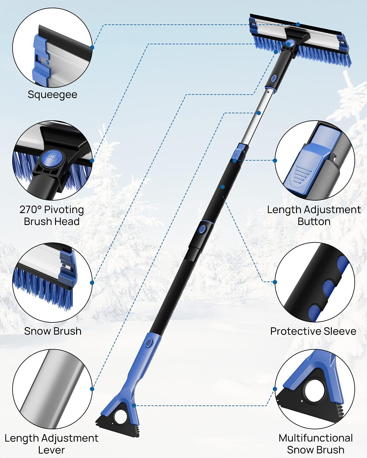 47″ Car Snow Brush Extendable Foam Snow Brush with Squeegee Ice Scraper 270° Auto Car Snow Removal Broom Detachable Car Snow Scraper Brush with Durable Gloves for Car