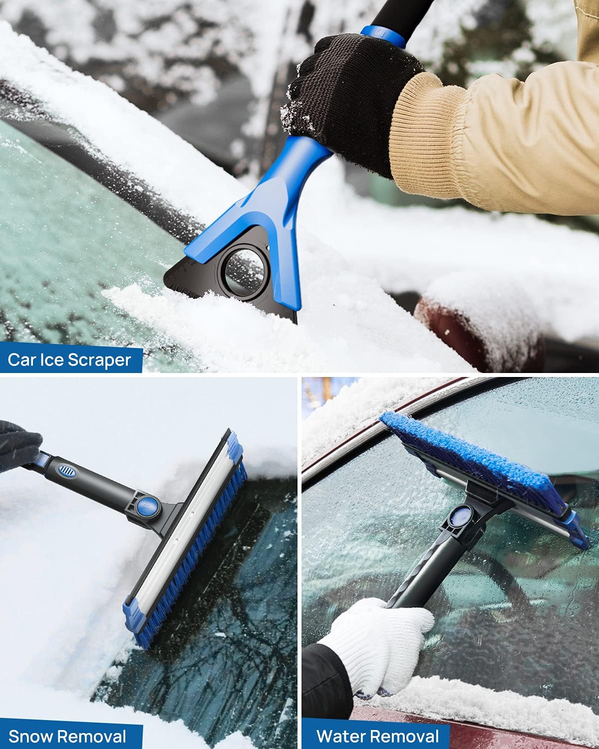 47″ Car Snow Brush Extendable Foam Snow Brush with Squeegee Ice Scraper 270° Auto Car Snow Removal Broom Detachable Car Snow Scraper Brush with Durable Gloves for Car