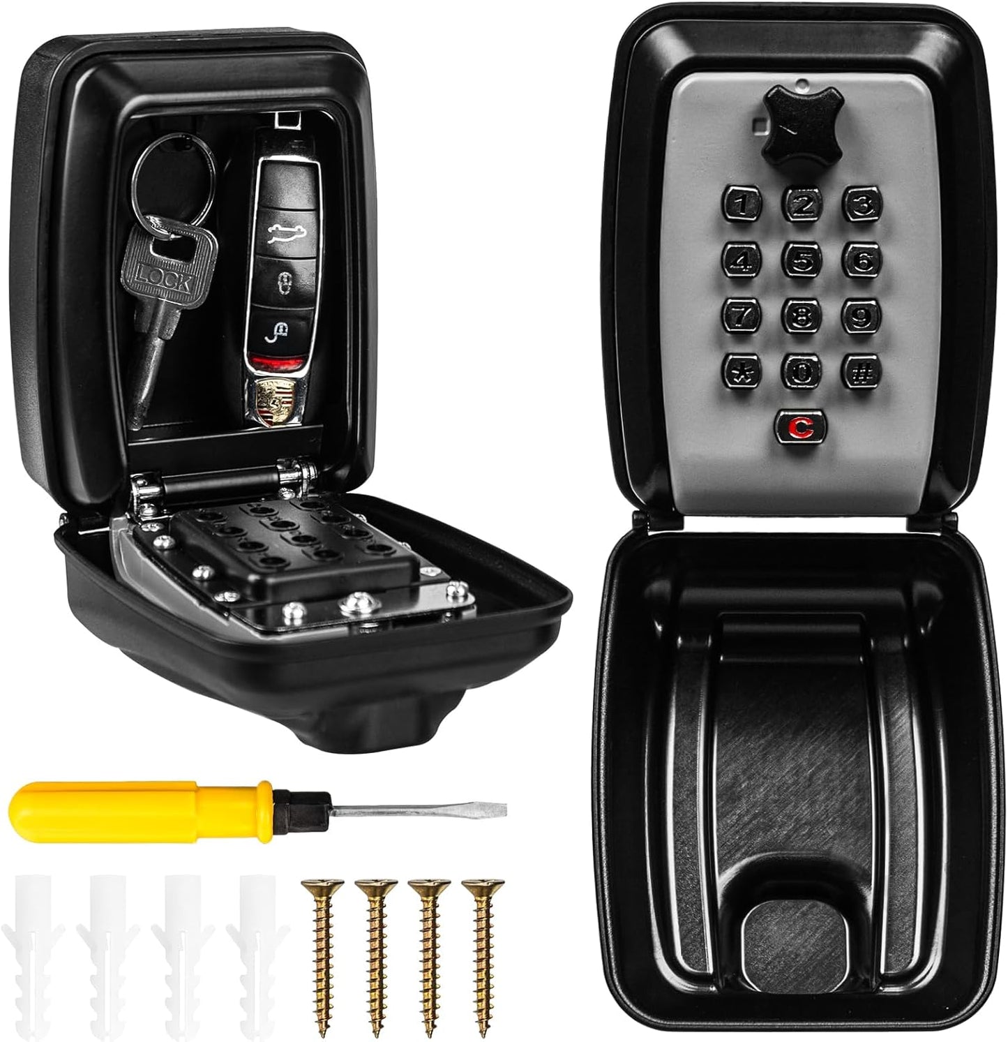 Key Safe, Wall Mounted Key Lock Box with Resettable 12-Digit Combination, Outdoor Key Storage with Weatherproof Cover for Home, Office, School, Garage (grey)