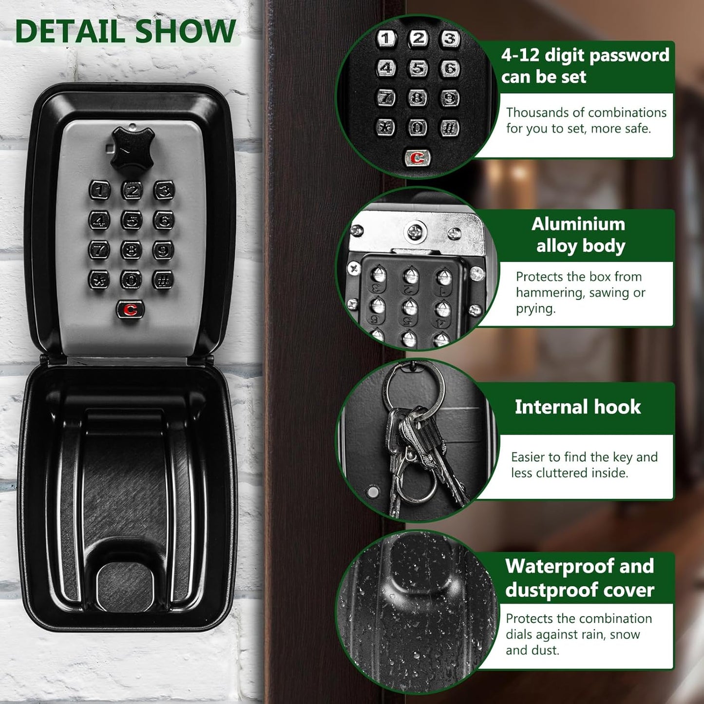 Key Safe, Wall Mounted Key Lock Box with Resettable 12-Digit Combination, Outdoor Key Storage with Weatherproof Cover for Home, Office, School, Garage (grey)